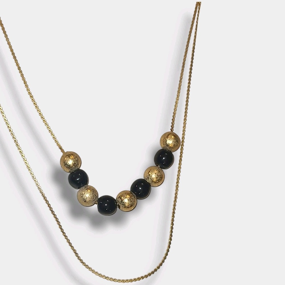 Dainty Minimalist Gold Tone & Black 2 Strand Layered Beaded Necklace 24" - Picture 5 of 7
